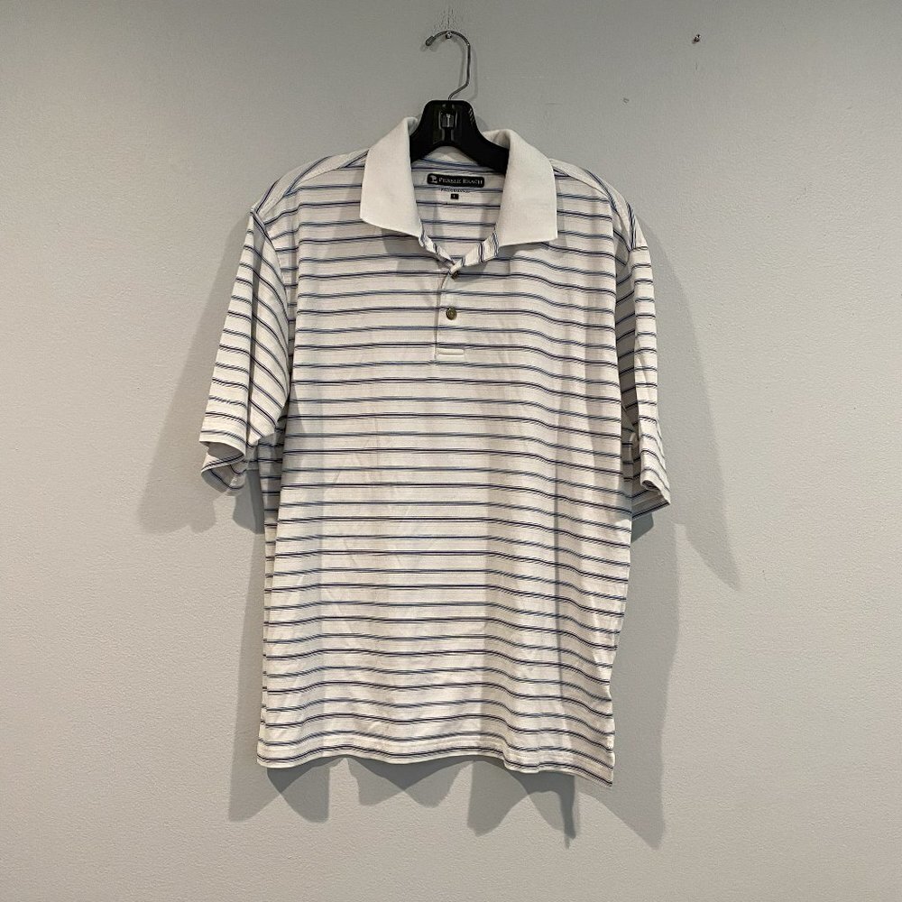 Pebble Beach White with Blue Stripes Mens Short Sleeve Polo - Size Large